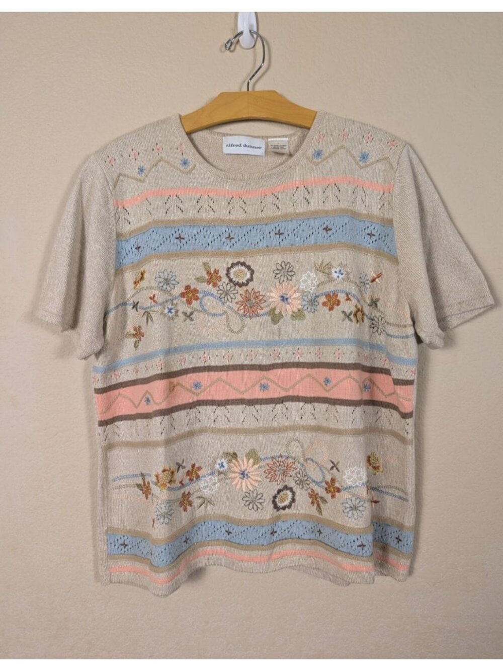 Vintage 90s knit top floral embroidered Cottagecore women's size L Alfred Dunner